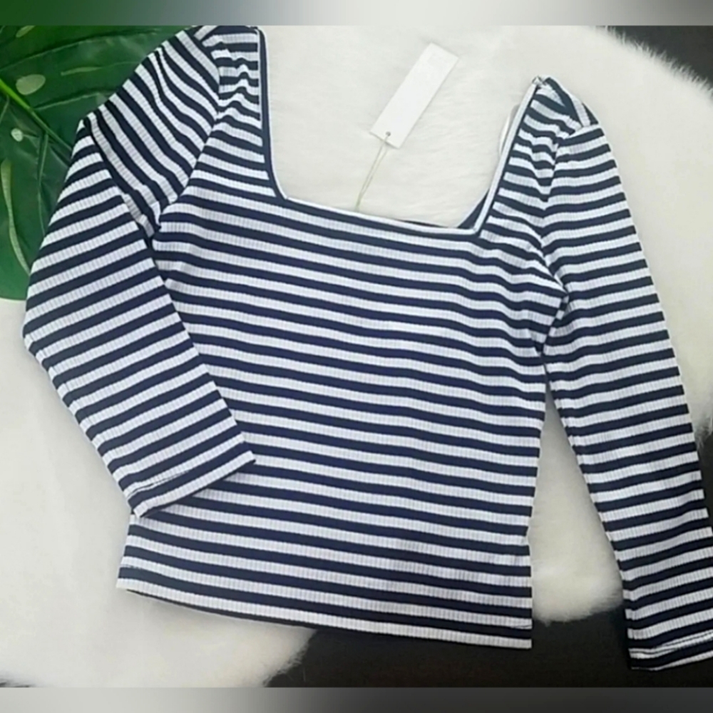 CROP TOP Good Luck Gem Nautical 3/4 Sleeve Blue white Striped Medium